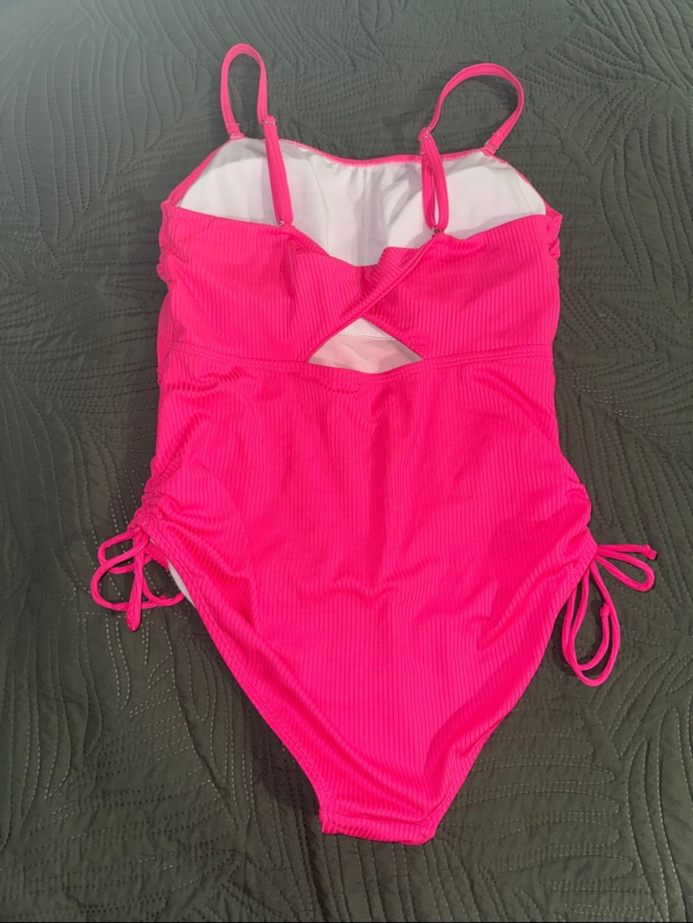 Neon Pink Ribbed One-Piece Swimsuit with Side Ruching - Picture 2 of 2